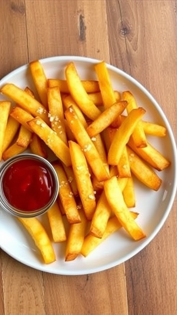 Crispy Air Fryer French Fries with Yellow Potatoes Crispy air fryer French fries made from yellow potatoes, served with ketchup on a rustic wooden table.